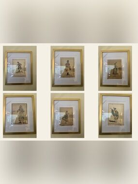 Antique Late 18C–Early 19C Italian Hand Painted Costume Drawings Set of 6